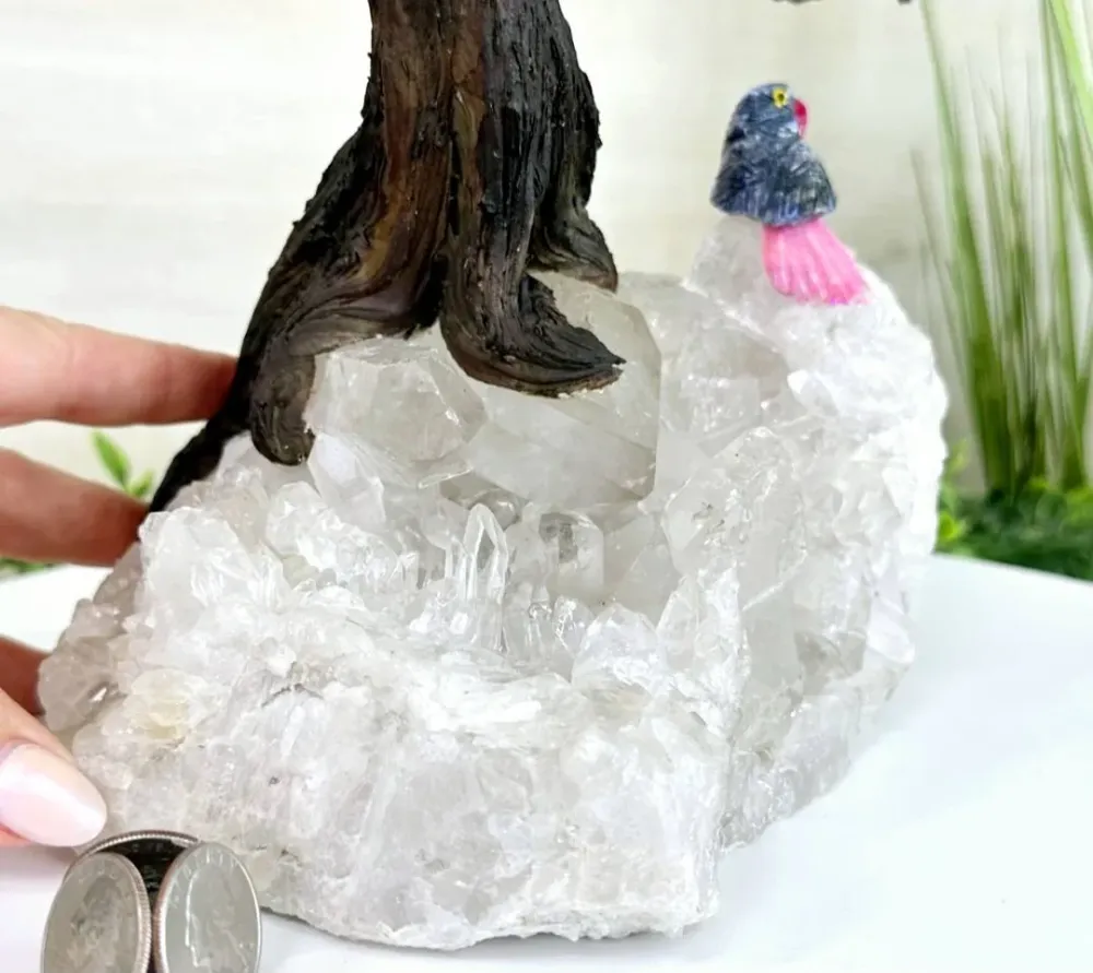 NEW / Large 35cm Tall Handmade Brazilian Black Turmaline Quartz Gemstone Tree, XLarge Clear Quartz Cluster Base Crystal Bi...