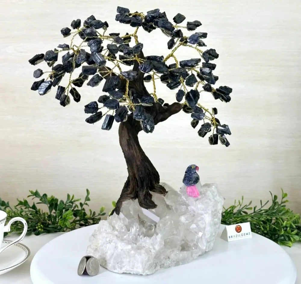 NEW / Large 35cm Tall Handmade Brazilian Black Turmaline Quartz Gemstone Tree, XLarge Clear Quartz Cluster Base Crystal Bi...