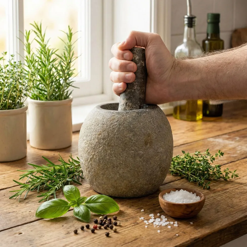 Naturlig elvestein dekorativ morter og støter - Stor (ca. 15x12 cm)