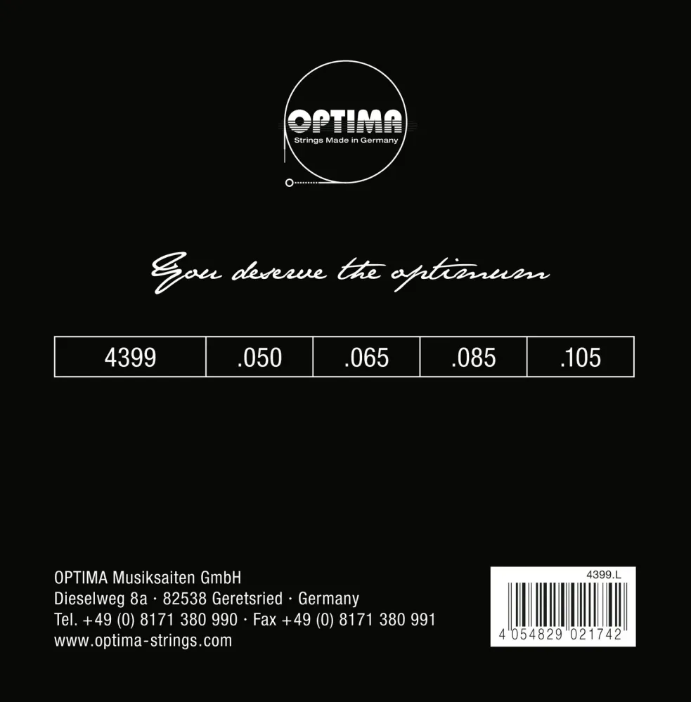 Optima E-Bass-strenger Chrome Strings rundviklede lang mensur – sett 4-strengers medium (4399M)