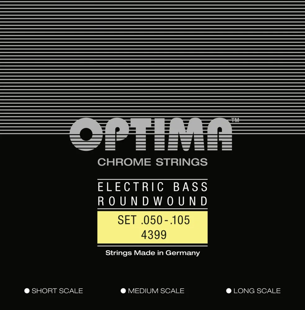 Optima E-Bass-strenger Chrome Strings rundviklede lang mensur – sett 4-strengers medium (4399M)