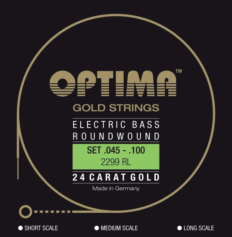 Optima E-bass-strenger Gold Strings rundviklede lang skala – sett 4-strengers reg-light (2299L)