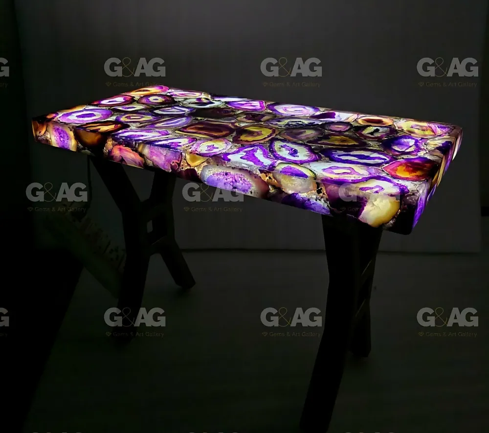 EXCLUSIVE NATURAL AGAT TABLE ( Sofa, Coffe, Side, Dine ) , Purple - 60x30cm - backlit ( Ledlys ) - Golden Design Legs