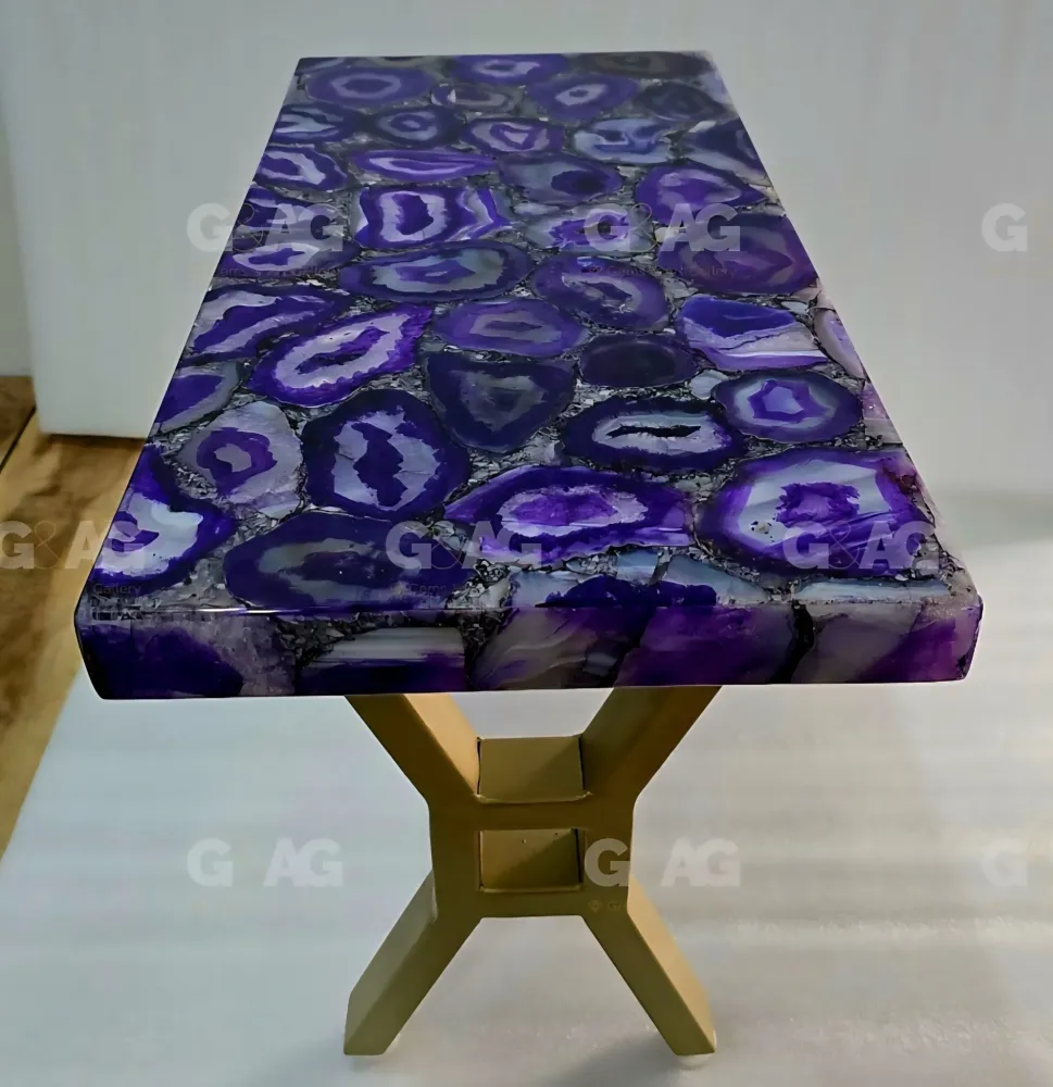 EXCLUSIVE NATURAL AGAT TABLE ( Sofa, Coffe, Side, Dine ) , Purple - 60x30cm - backlit ( Ledlys ) - Golden Design Legs