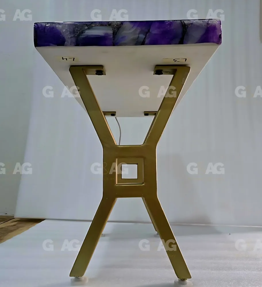 EXCLUSIVE NATURAL AGAT TABLE ( Sofa, Coffe, Side, Dine ) , Purple - 60x30cm - backlit ( Ledlys ) - Golden Design Legs