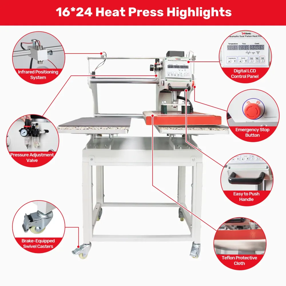 16x24 automatisk pneumatisk dobbel varmepressmaskin med infrarødt posisjoneringssystem