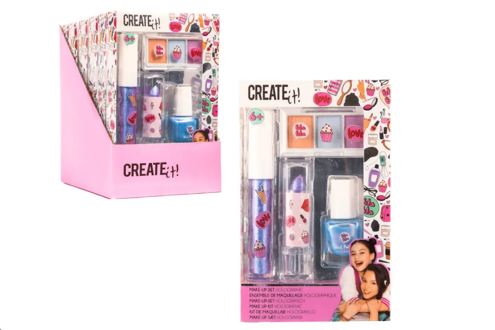 Create It! Make-upsett – Holografisk sminkesett barn (Lipgloss, leppestift, neglelakk & øyenskygge)