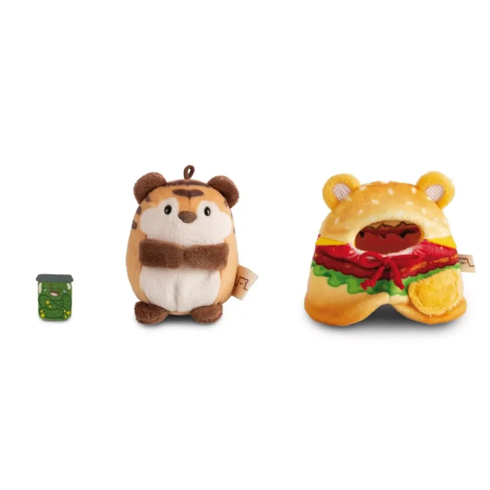 NICI MyMochi Plysj 8 cm - Tiger Tiggy med Sylteagurk/Hamburger Klær