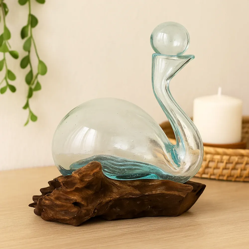 Håndblåst smeltet glass drivved karaffel med propp 19 cm
